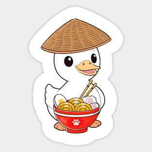 Funny duck is eating noodles Sticker